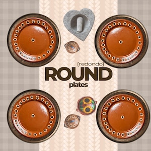May include: Four round terracotta-colored plates with a dark brown rim and a white floral pattern around the edge and center. The image includes a heart-shaped stone mortar and pestle, two small lidded bowls, and the text [redondo] ROUND plates.