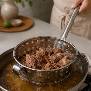 May include: A stainless steel skimmer spoon with a perforated bowl is lifting cooked, browned meat chunks out of a large pot filled with hot oil. The metal tool features a long handle and a hook for resting on the edge of the cooking vessel.
