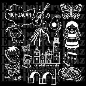 May include: Black and white illustration featuring elements of Michoacán, Mexico. Includes a map outline, guitar, avocado, butterflies, a girl in traditional dress, a pig, a church, and food items like tacos and strawberries.