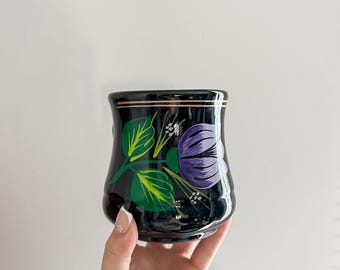 Purple Floral Ceramic Black Clay Barro Mug – Handmade Pottery Coffee Cup, Rustic Terracotta Mug, Authentic Mexican Kitchen Decor