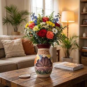 May include: A colorful floral arrangement in a decorative vase. The vase is painted with a floral design in shades of brown, yellow, and blue. The flowers include red, orange, yellow, and white blooms, with green foliage. The vase is on a wooden table.