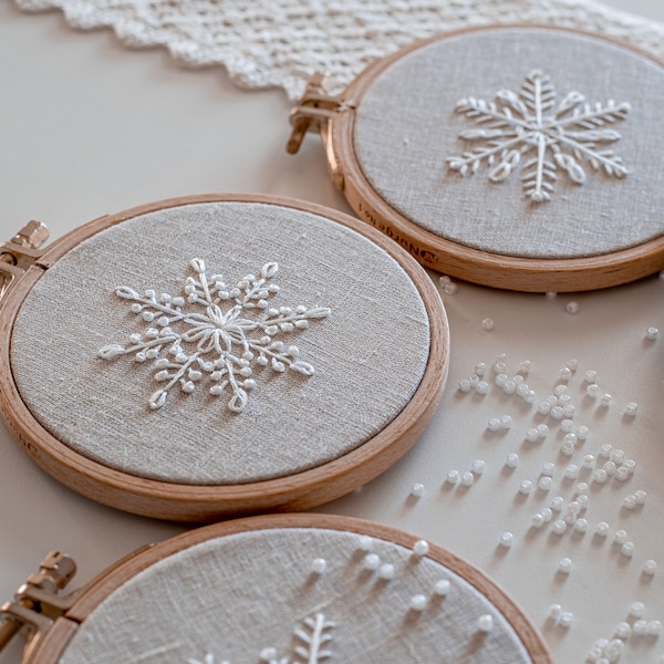 Five Snowflakes Christmas embroidery pattern + video tutorial, beginner embroidery PDF pattern, winter embroidery designs