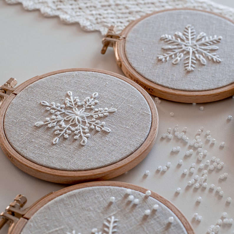 Five Snowflakes Christmas embroidery pattern + video tutorial, beginner embroidery PDF pattern, winter embroidery designs 