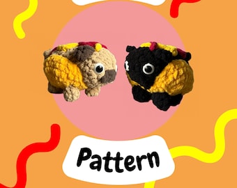 May include: Crochet pattern for a yellow and red crocheted pug and a black and yellow crocheted bee. The pattern is titled "Crochet Pattern".