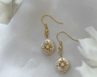 Bella Vintage Button Baroque Pearl Earrings, Gold Plated Shepherd Hook Earring, Fiigree Drop and Dangle Pearl Jewellery, Gift for her