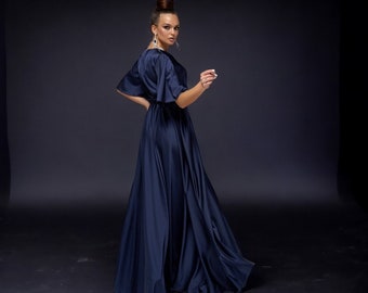 Navy Blue Silk Floor Length Prom Dress Bridesmaid Gown Elegant Long Dress