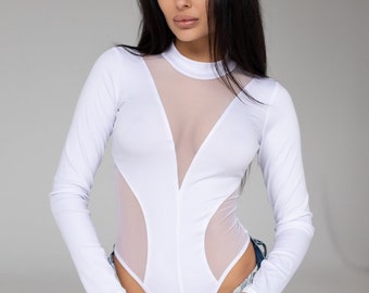 Mesh Insert Bodysuit Deep V Neckline Trendy Elastic Jersey White Bodysuit with Mesh