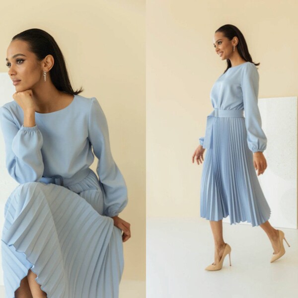 Dress Pleats Light Blue Elegant  Long Sleeves Prom Dress Pleated Skirt Below Knee