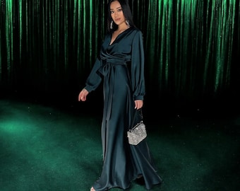 Emerald Silk Gown Super Long Prom Formal Elegance, Floor-Length Evening Dress