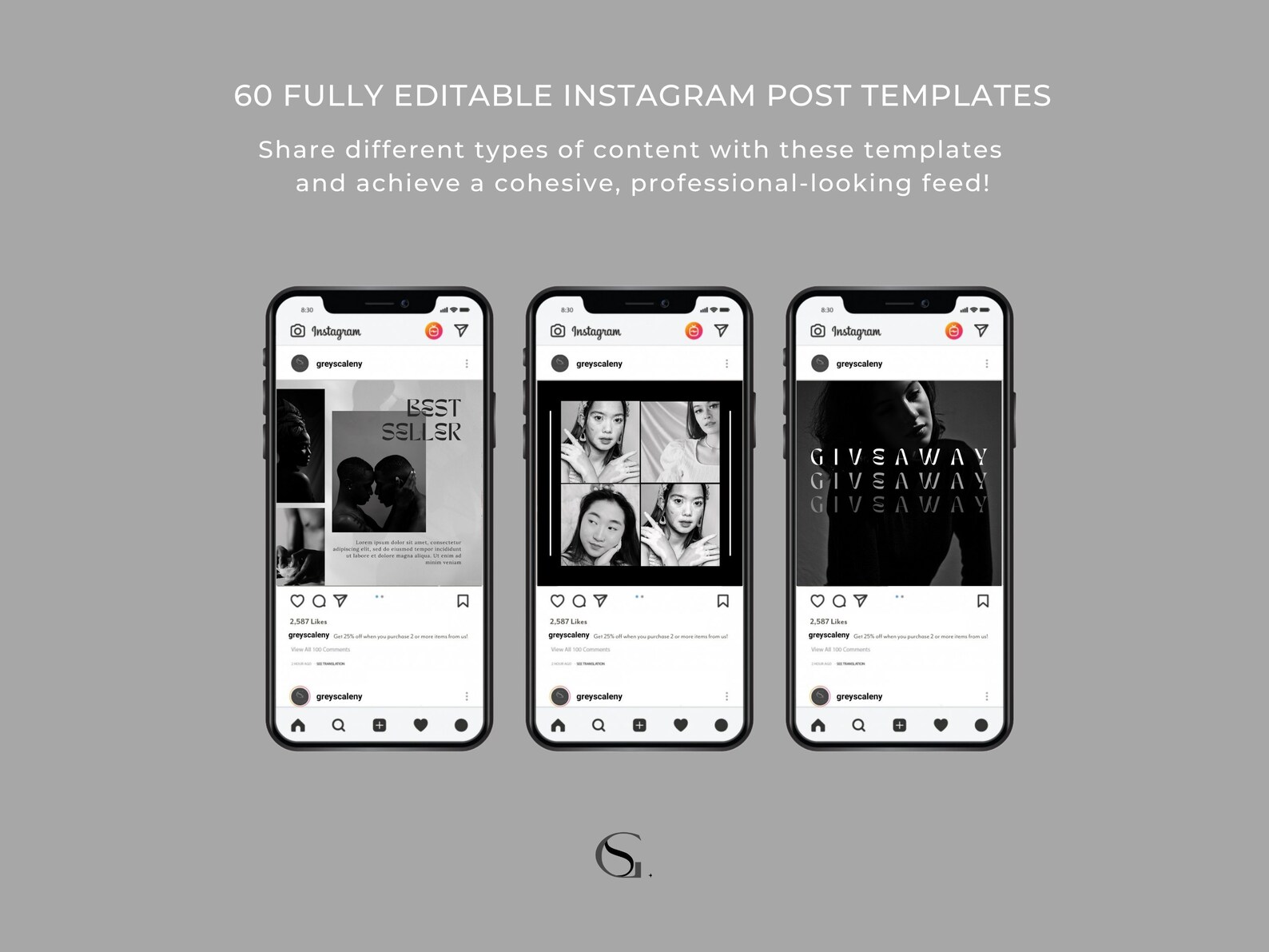 60 Black and White Instagram Post Templates Branding Social Etsy