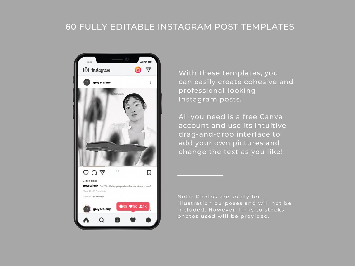 60 Black and White Instagram Post Templates Branding Social Etsy