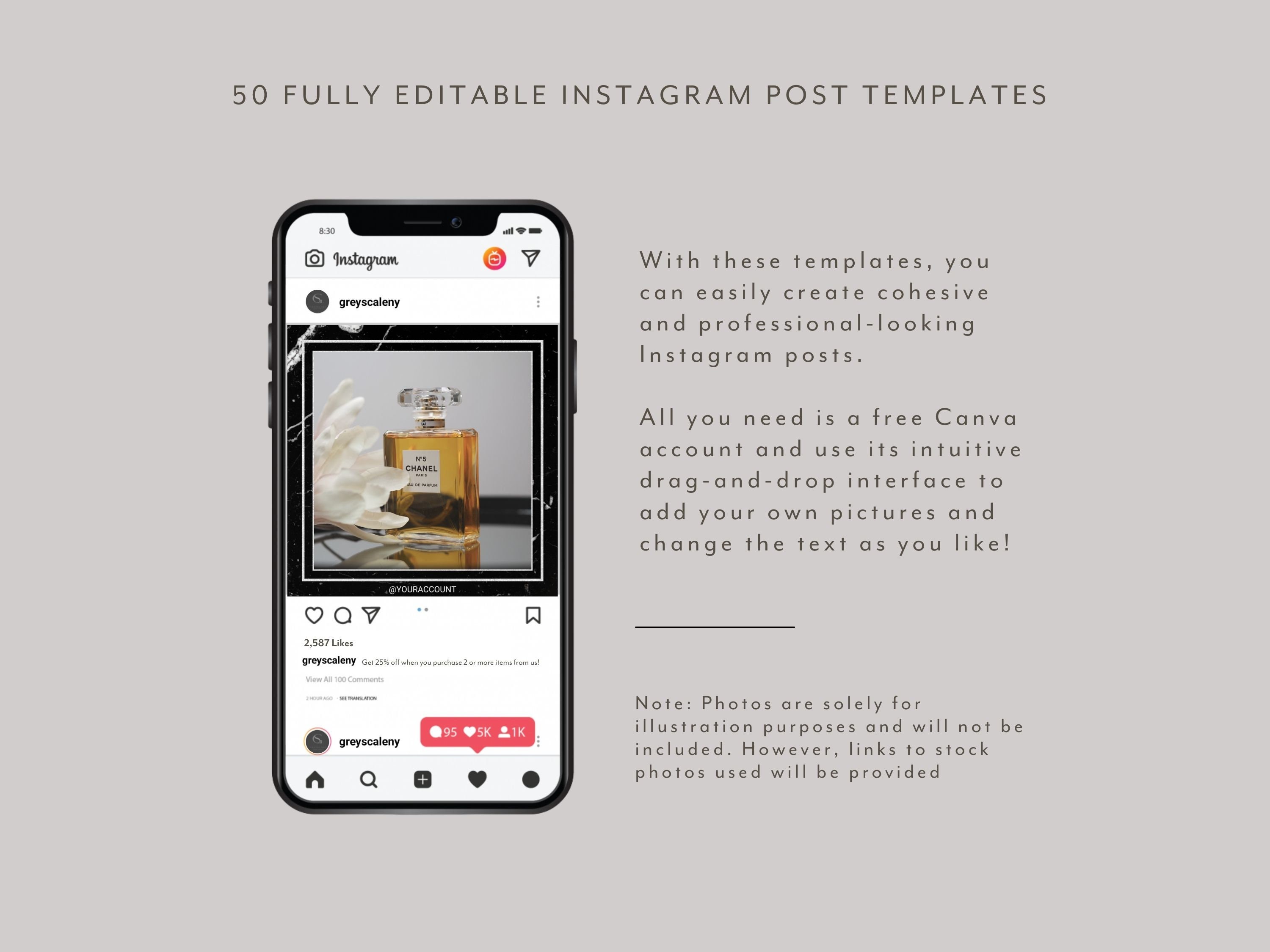 50 Black and White Instagram Post Templates Aesthetic Canva | Etsy