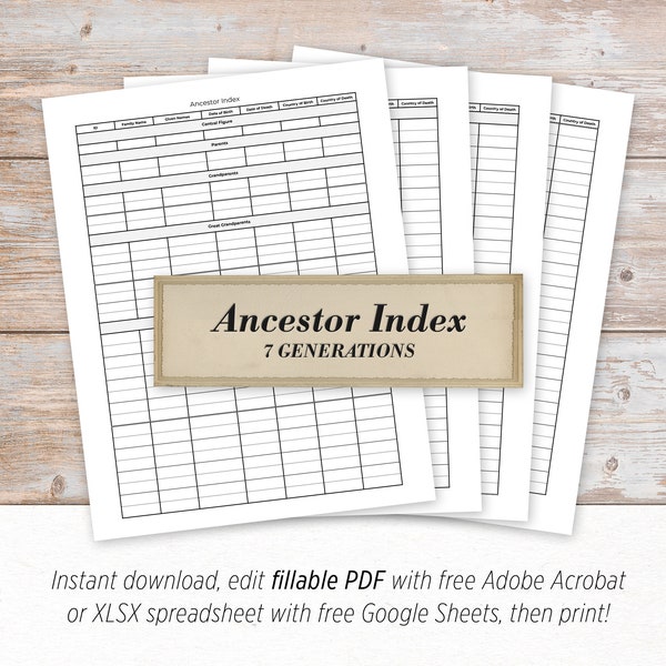 Family Tree Ancestor Index - 7 Generations - Digital, printable, fillable PDF and XLSX spreadsheet genealogy template