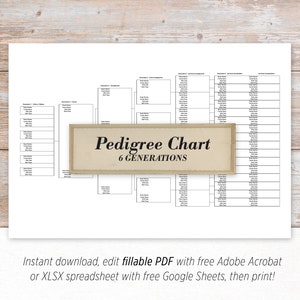 Family Tree Pedigree Chart - 6 Generations - Digital, printable fillable PDF and XLSX spreadsheet family tree template