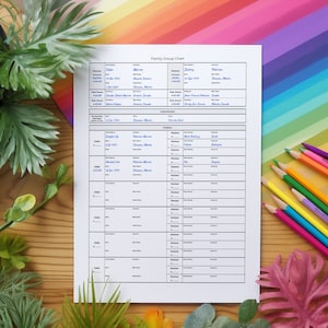 May include: A printable family group chart with sections for names, dates, and family connections. The chart is on a white background with black text.