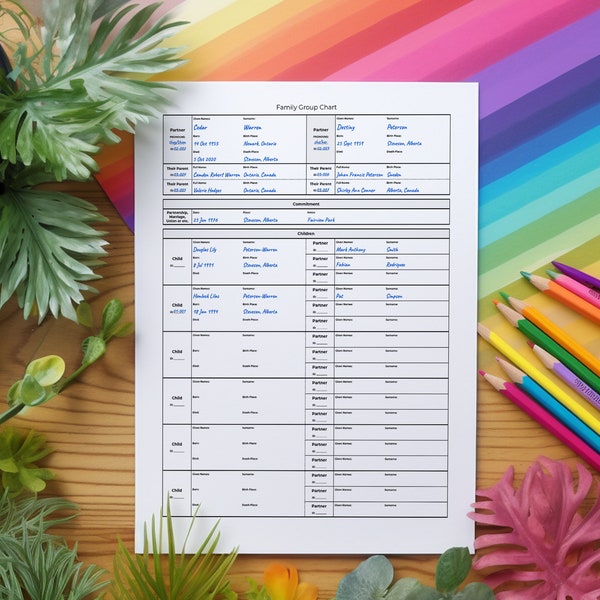 Family Group Chart - Non-gendered - Digital, printable, fillable PDF and XLSX spreadsheet genealogy family tree record template