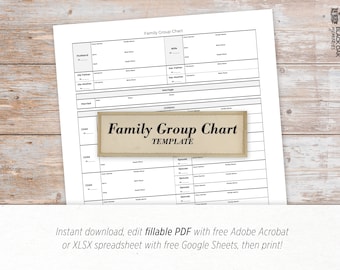 Family Group Chart - Digital, printable, fillable PDF and XLSX spreadsheet genealogy family tree record template