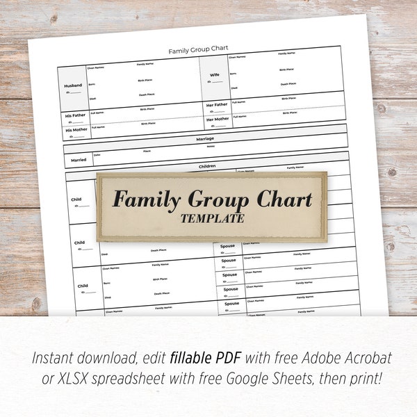 Family Group Chart - Digital, printable, fillable PDF and XLSX spreadsheet genealogy family tree record template