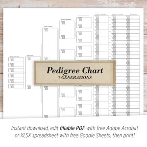 Family Tree Pedigree Chart - 7 Generations - Digital, printable fillable PDF and XLSX spreadsheet family tree template download worksheet