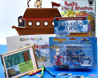 May include: A Noah's Ark themed children's craft kit with a coloring book, crayons, stickers, and a plastic toy set of Noah and an animal. The book cover features a colorful illustration of Noah's Ark with the text "Noah's 2-by-2 Adventure".