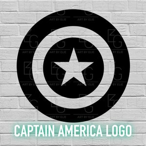 以下が含まれることがあります： 白と黒のキャプテンアメリカのロゴで、中央に白い星があります。ロゴは白いレンガの背景です。