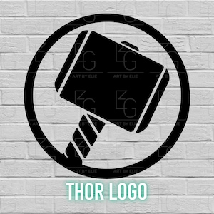 May include: Black and white silhouette of Thor's hammer, Mjolnir, inside a circle. The text "THOR LOGO" is below the image.
