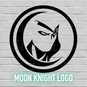 May include: Black Moon Knight logo on a white brick background. The logo features a stylized face within a crescent moon and a surrounding circle. The text "MOON KNIGHT LOGO" is displayed below the logo in a teal rectangle.