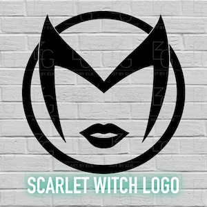 May include: Black and white logo of a stylised female face with a red lip, inside a circle. The text "SCARLET WITCH LOGO" is below the circle.