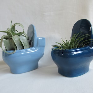 May include: Two ceramic toilet-shaped planters, one light blue and one dark blue, each holding a small air plant. The planters have a glossy finish and a lid that is slightly raised. The background is a plain white.