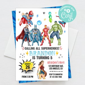 Superhero Birthday Invitation Boy Editable Template Instant
