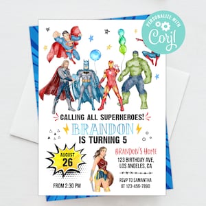 Superhero Birthday Invitation Boy Editable Template Instant