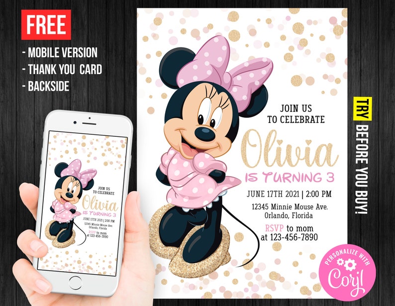 Minnie Mouse Third Birthday Invitation Girl Gold Digital or Printed Thank You Card Electronic Mobile Phone Text Invite Editable Template 