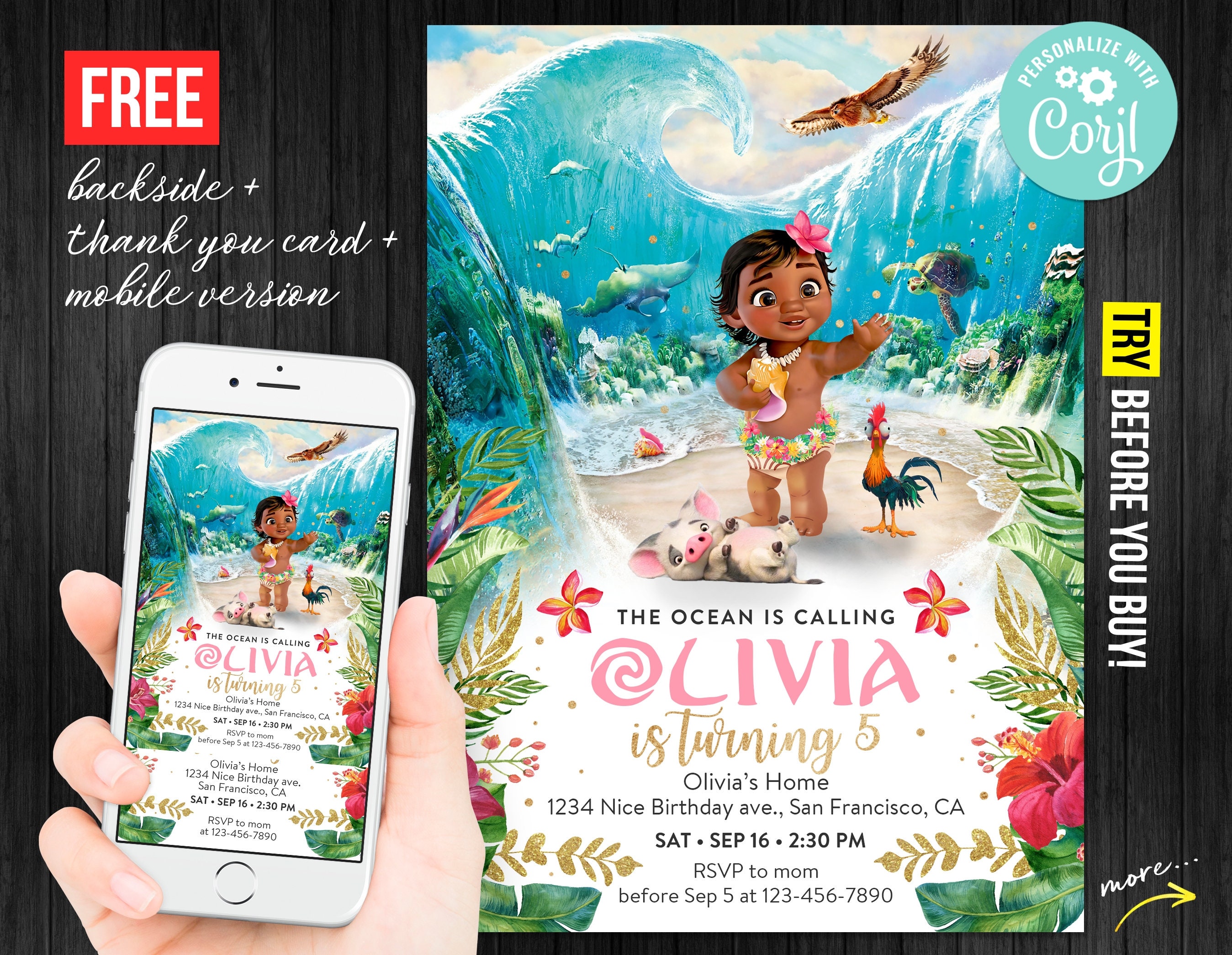 Baby Moana Birthday Invitation Girl Electronic Thank You Card - Etsy Hong  Kong