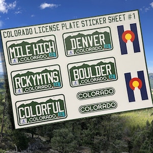 May include: A sheet of Colorado license plate stickers. The stickers feature various designs, including "Mile High", "Denver", "Rockymtns", "Boulder", "Colorful", and the Colorado state flag. The sheet is labeled "Colorado License Plate Sticker Sheet #1".