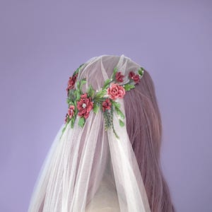 Rose Juliet Wedding Cap - Vintage Style Veil with Hand-Painted Burgundy roses on English Net