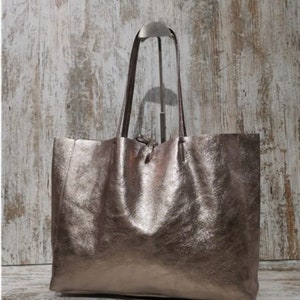 BRONZE leather tote bag. GENUINE soft LEATHER. Silver Soft Leather Tote, Gold Shopper, Shoulder Bag Gold, Work Handbag Gold