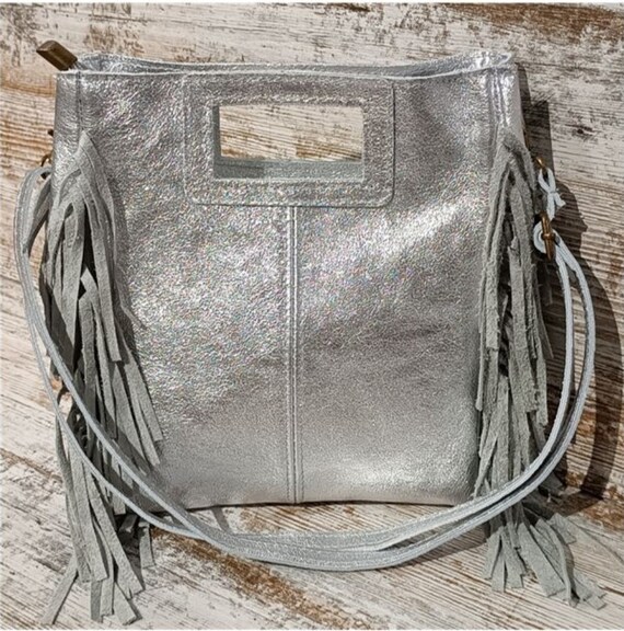 Gold Tote Bag With Fringes. Very Soft Skin. GENUINE Soft LEATHER