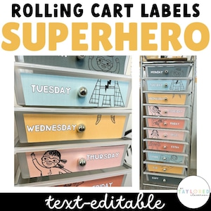 Superheld Rolling Cart Etiketten | EDITIERBAR | Superhelden Klassenzimmer Dekor
