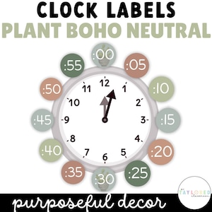 May include: A set of printable clock labels with a boho neutral theme. The labels feature a clock face with numbers 1-12 and a hand pointing to 12. The labels are in a variety of colors, including green, brown, and beige. The labels are perfect for teaching time to children.