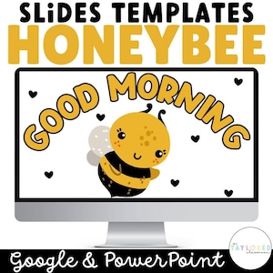 Può includere: Uno schermo di computer che mostra un'ape di cartone animato gialla e nera con il testo "Good Morning" in un cerchio giallo. Il testo "Slides Templates Honeybee" è nella parte superiore dello schermo e il testo "Google & Power Point" è nella parte inferiore dello schermo.