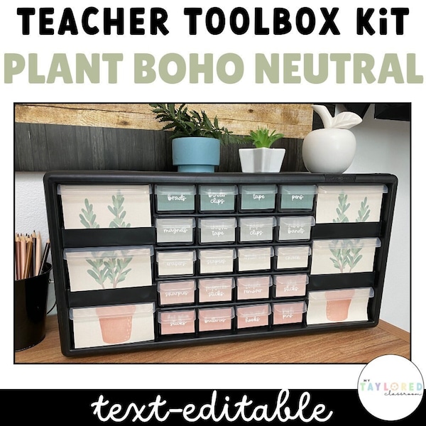 Plant Boho Neutral Teacher Toolbox Labels | EDITABLE | Plant Classroom Decor Bundle