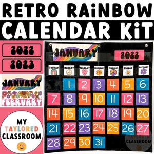 Retro Rainbow Classroom Calendar Kit | Groovy Decor (EDITABLE)
