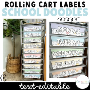 Schule Doodles Lehrer Rollwagen Etiketten | BEARBEITBAR | Pastell Klassenzimmer Dekor