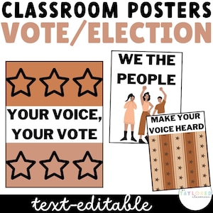 Op de afbeelding: Drie printbare klaslokaalposters met een bruin en wit kleurenschema. De posters bevatten de tekst "Your Voice, Your Vote", "We the People" en "Make Your Voice Heard". De posters zijn versierd met sterren en strepen.