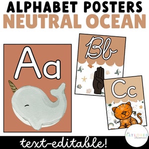 Neutral Ocean Alphabet Classroom Posters | EDITABLE | Modern Ocean Classroom Decor