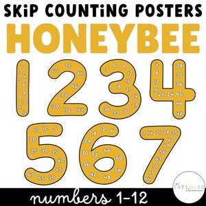 May include: Educational posters for skip counting, featuring the word "HONEYBEE" in yellow. The posters display numbers 1-7, each with multiples from 1 to 12. The numbers are in a yellow color with black outlines.
