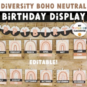 Diversity Boho Neutral Birthday Display | EDITABLE | Diversity Classroom Decor | Boho Neutral Classroom Decor