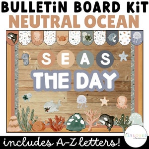 Neutral Ocean Classroom Bulletin Board Kit | EDITABLE | Modern Ocean Classroom Decor