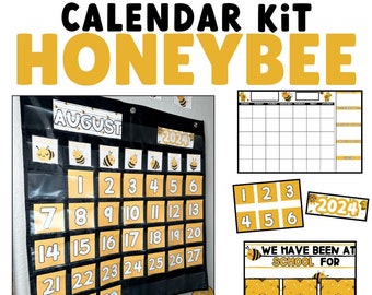 May include: A printable calendar kit with a honeybee theme. The kit includes a monthly calendar, number cards, and a days of school tracker. The calendar is black with yellow bee accents and the numbers are yellow. The days of school tracker has a yellow and black bee pattern. The text on the calendar says "August 2024" and "We have been at school for days".