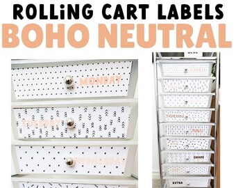 Boho Neutral Rolling Cart Labels | Teacher Trolley Labels | Boho Neutral Classroom Decor